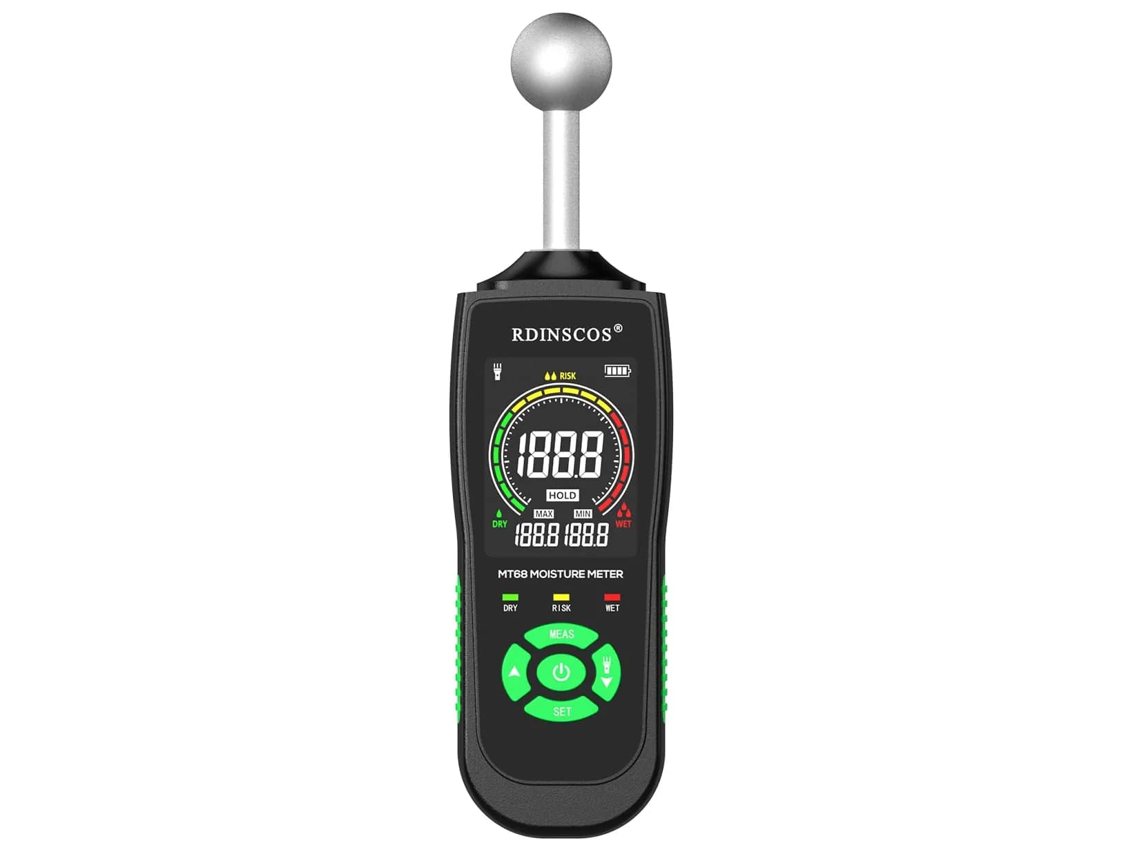 RDINSCOS Ball Probe Moisture Meter with LED Flashlight | Detects Hidden Moisture in Drywall, Wood, Concrete (18cm Length) — Ball_colors