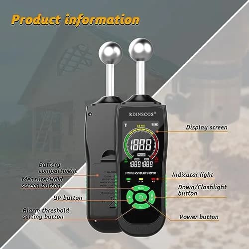 RDINSCOS Ball Probe Moisture Meter with LED Flashlight | Detects Hidden Moisture in Drywall, Wood, Concrete (18cm Length) thumbnail 9