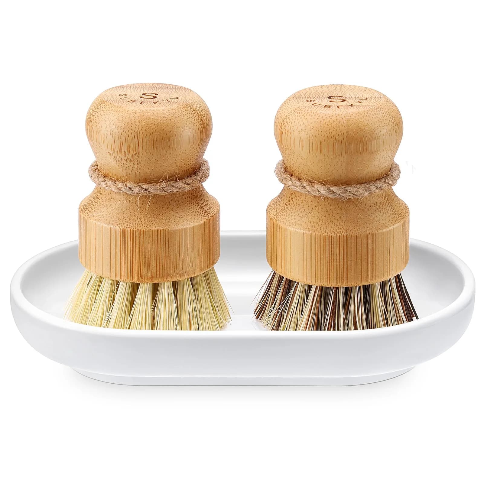 SUBEKYU Bamboo Dish Scrub Brushes Set with Tray, Natural Sisal + Coconut Palm Bristles, Set of 2 | Compostable Cleaning Brushes for Kitchen