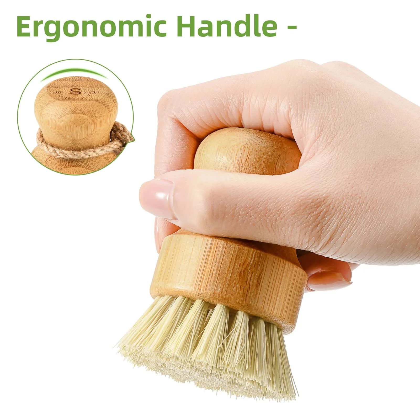 SUBEKYU Bamboo Dish Scrub Brushes Set with Tray, Natural Sisal + Coconut Palm Bristles, Set of 2 | Compostable Cleaning Brushes for Kitchen - view 5