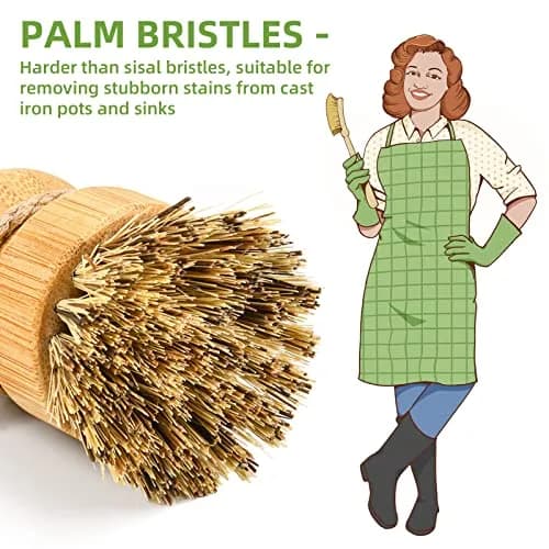 SUBEKYU Bamboo Dish Scrub Brushes Set with Tray, Natural Sisal + Coconut Palm Bristles, Set of 2 | Compostable Cleaning Brushes for Kitchen thumbnail 3