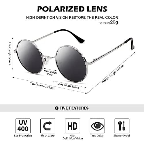 Pro Acme Small Round Polarized Sunglasses - Silver Frame, Black Lens, UV400 Protection thumbnail 4