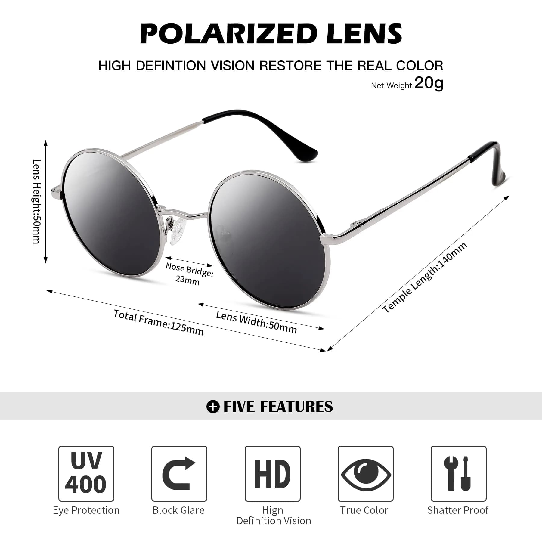 Pro Acme Small Round Polarized Sunglasses - Silver Frame, Black Lens, UV400 Protection - view 4