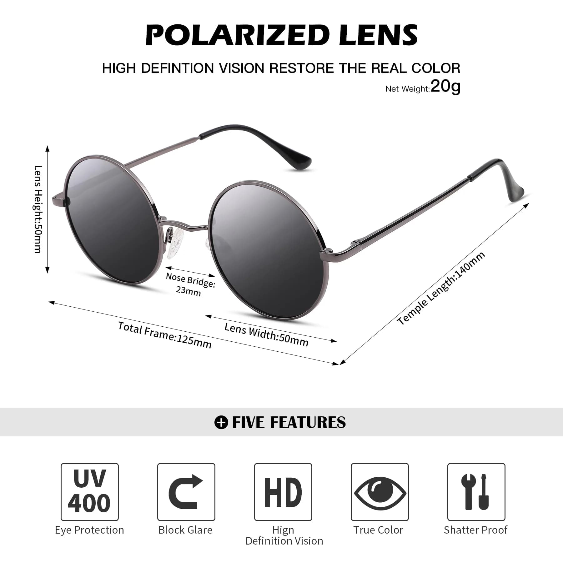 Pro Acme Small Round Polarized G2 Gunmetal Frame Black Lens Sunglasses UV400 - view 4
