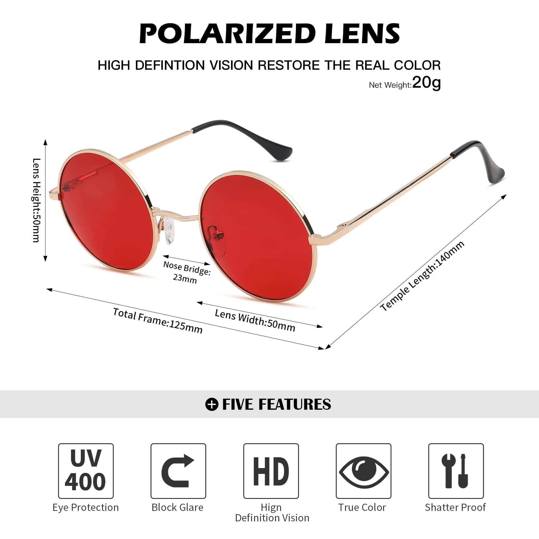 Pro Acme Small Round Gold Frame/Transparent Red Lens Polarized Sunglasses with UV400 Protection - view 4