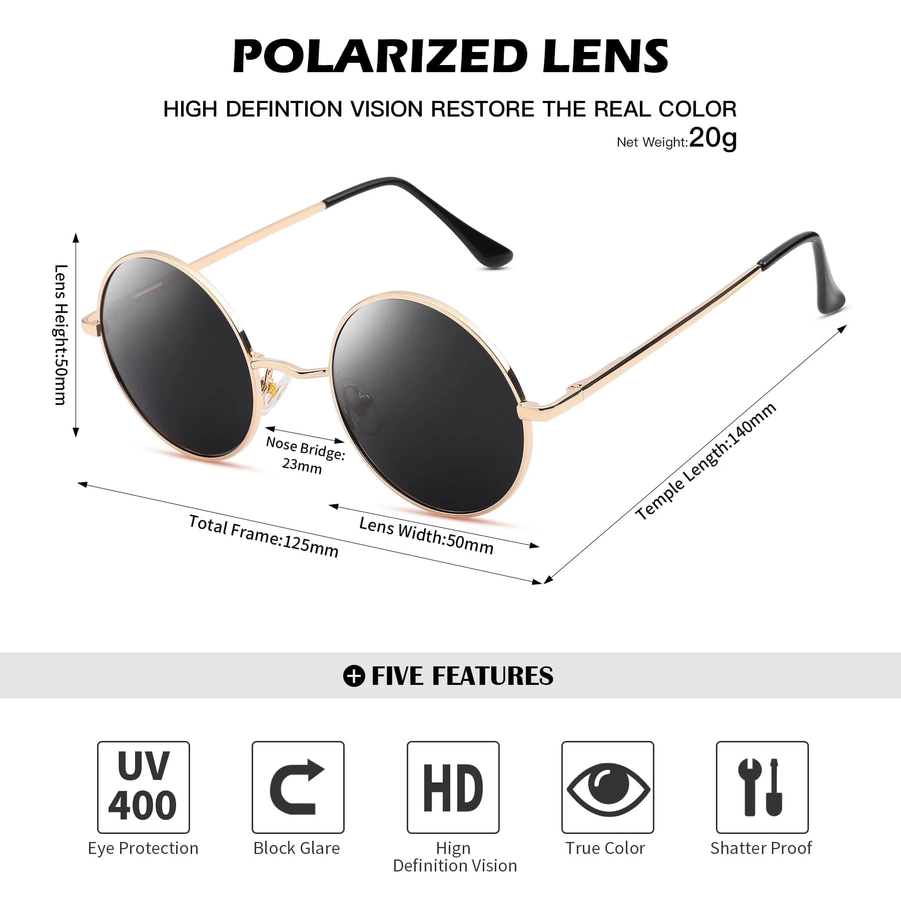 Pro Acme Small Round Polarized Sunglasses | Gold Frame, Black Lens | UV400 Protection - view 4