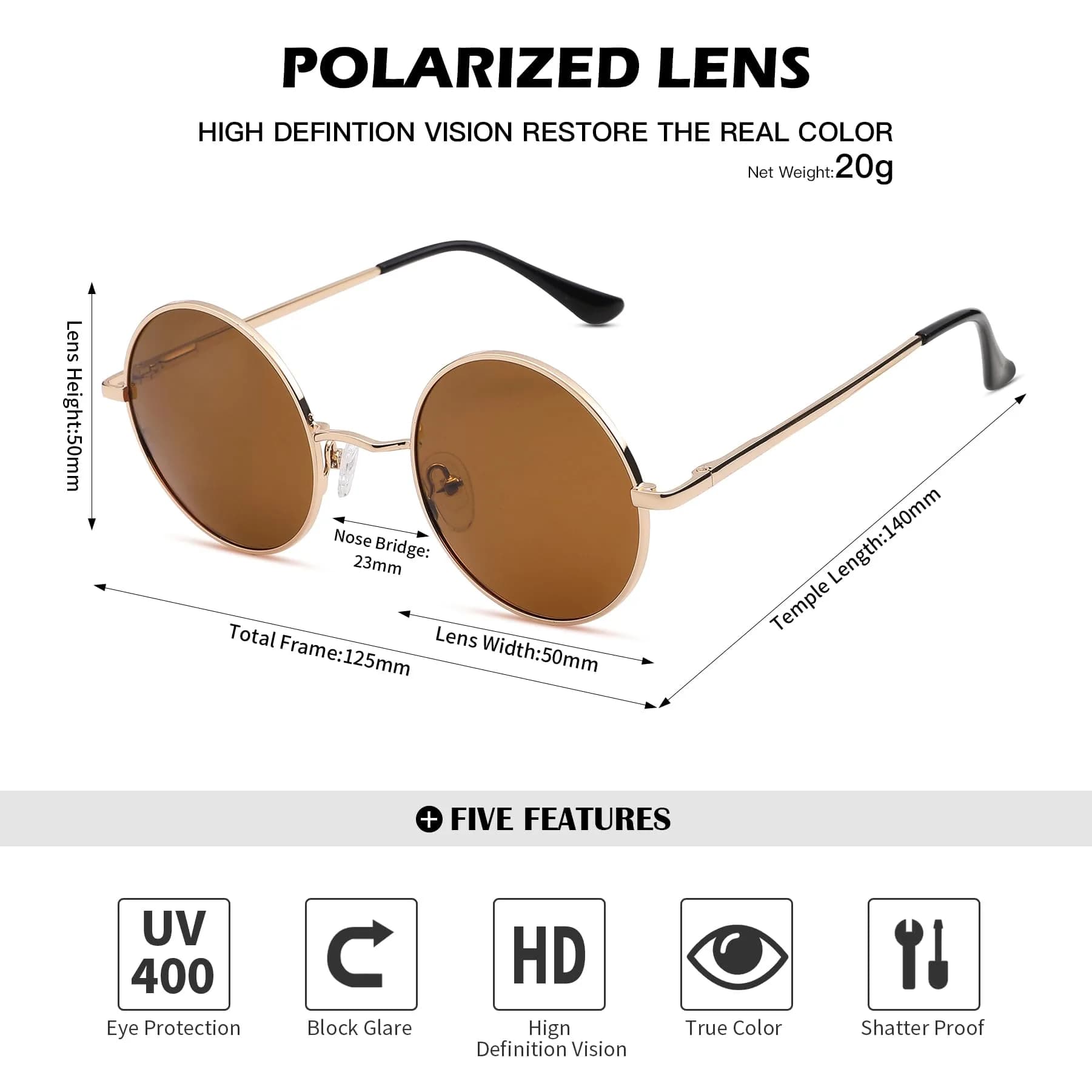 Pro Acme G5 Gold Frame/Brown Lens Small Round Polarized Sunglasses UV400 - view 4