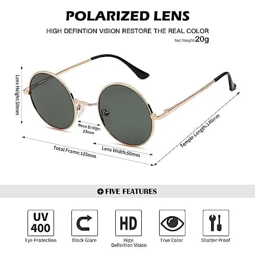 Pro Acme Small Round Polarized Sunglasses - Gold Frame, G15 Green Lens, UV400 Protection thumbnail 4