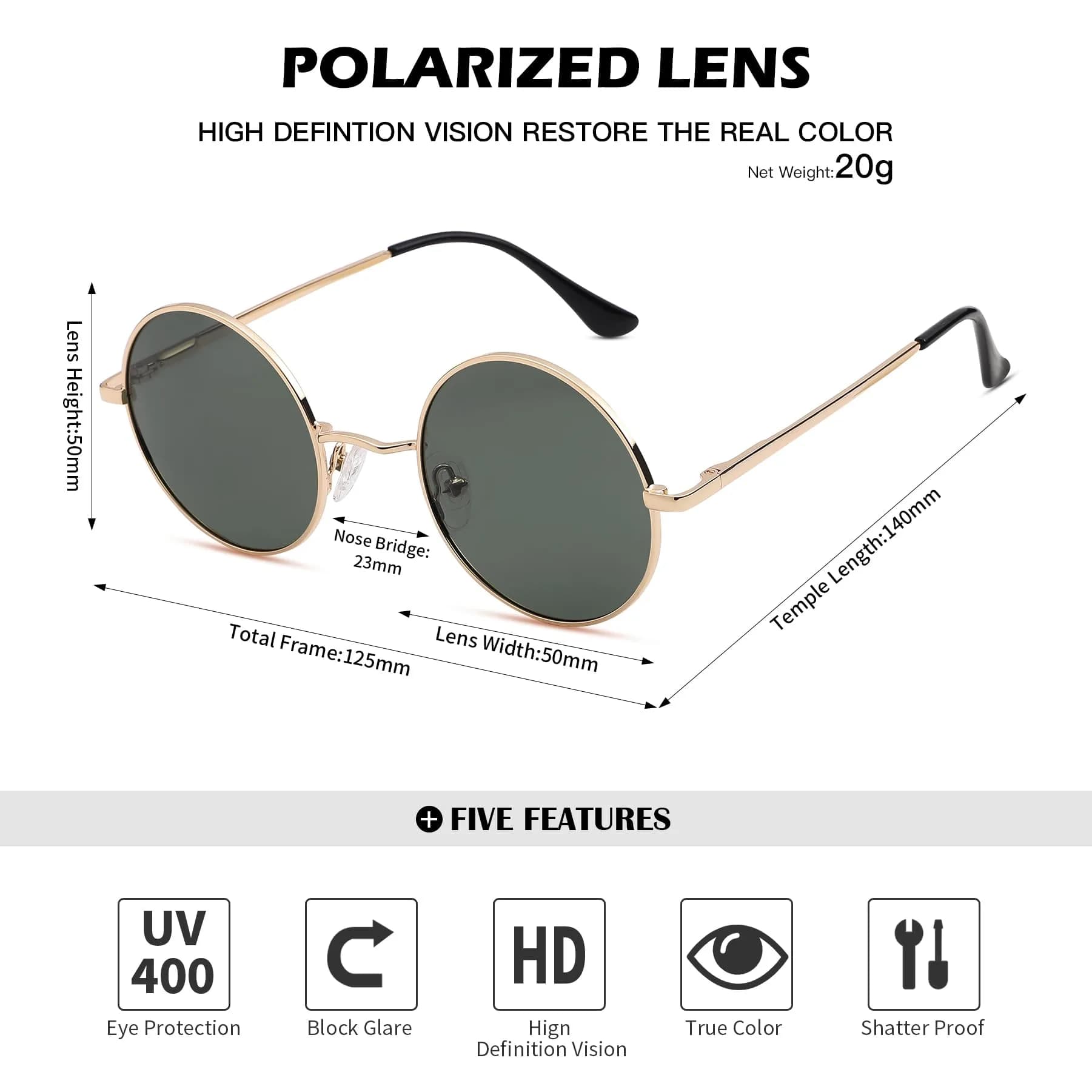 Pro Acme Small Round Polarized Sunglasses - Gold Frame, G15 Green Lens, UV400 Protection - view 4