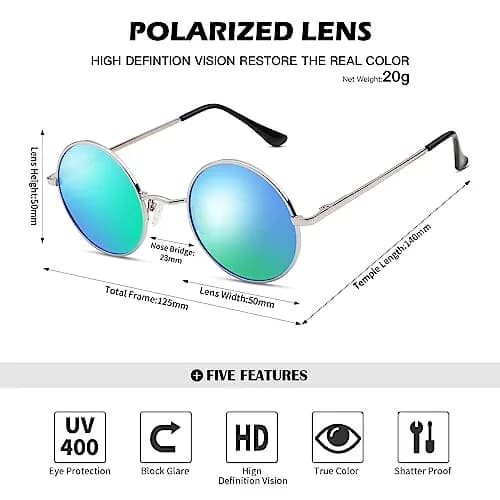 Pro Acme Small Round Polarized Sunglasses - Silver Frame, Green Mirrored Lens, UV400 Protection thumbnail 4