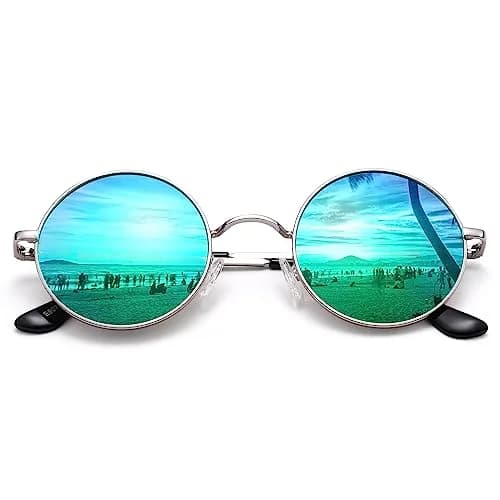 Pro Acme Small Round Polarized Sunglasses - Silver Frame, Green Mirrored Lens, UV400 Protection thumbnail 1
