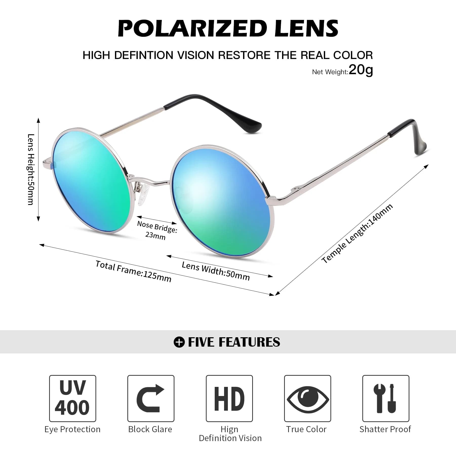 Pro Acme Small Round Polarized Sunglasses - Silver Frame, Green Mirrored Lens, UV400 Protection - view 4
