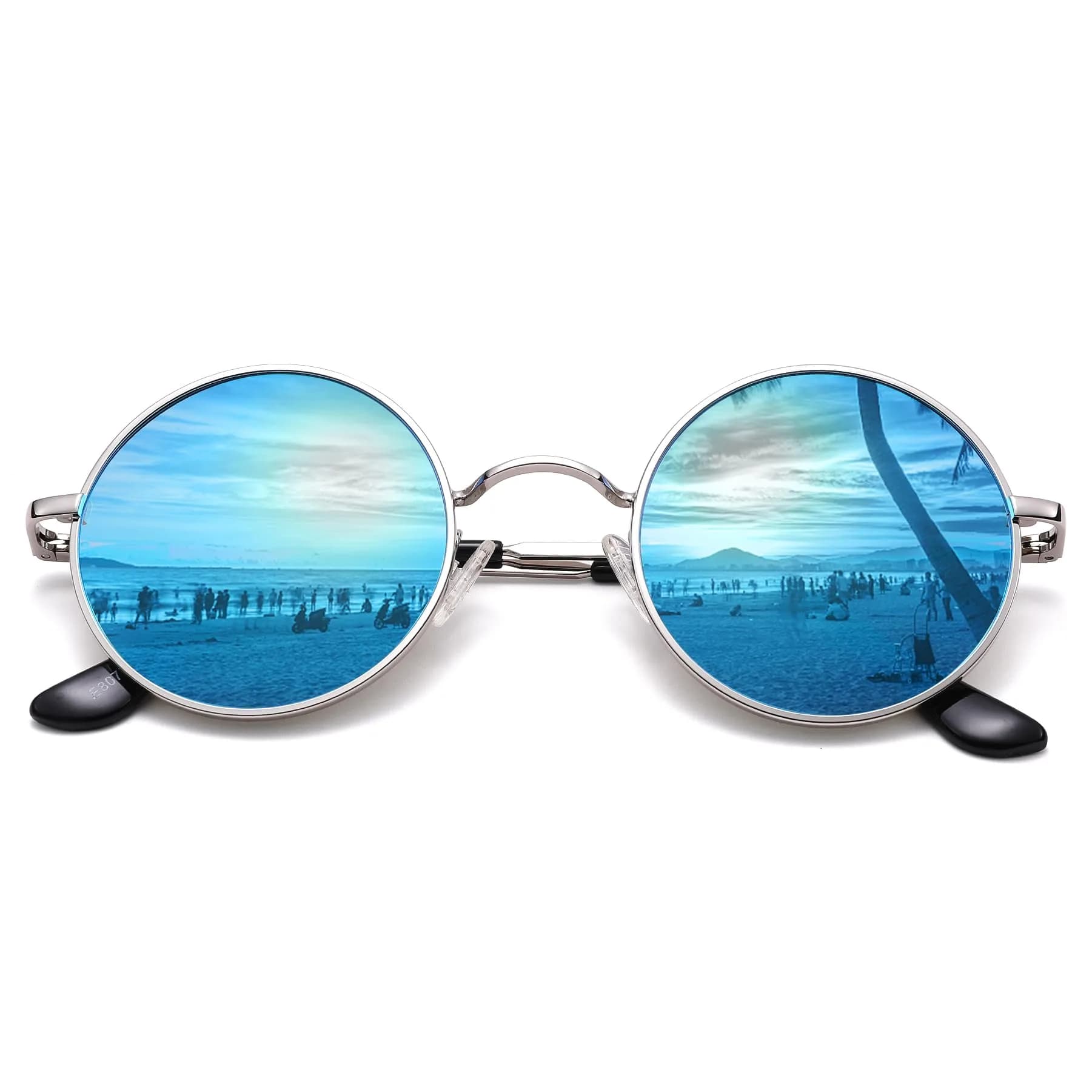Pro Acme Small Round Polarized Sunglasses - Silver Frame with Blue Mirrored Lens, UV400 - main product image