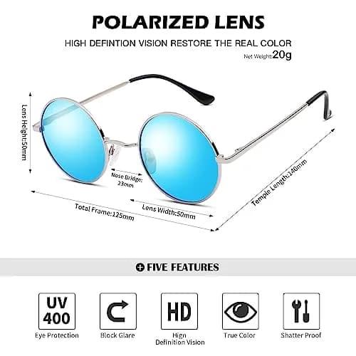 Pro Acme Small Round Polarized Sunglasses - Silver Frame with Blue Mirrored Lens, UV400 thumbnail 4