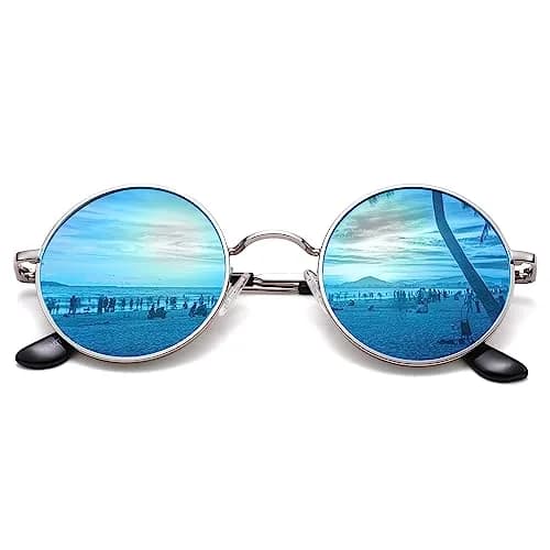 Pro Acme Small Round Polarized Sunglasses - Silver Frame with Blue Mirrored Lens, UV400 thumbnail 1
