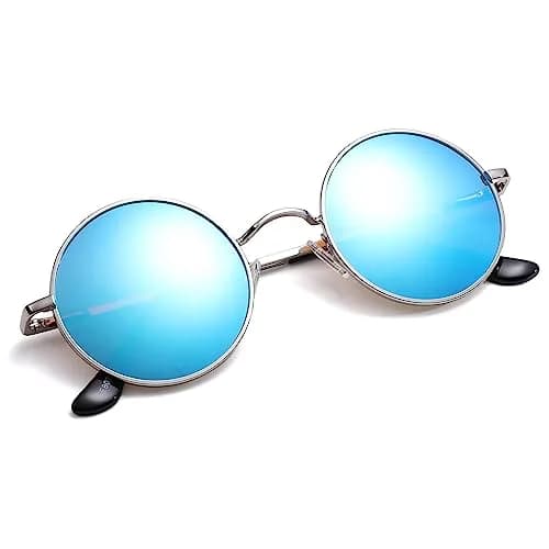 Pro Acme Small Round Polarized Sunglasses - Silver Frame with Blue Mirrored Lens, UV400 thumbnail 2