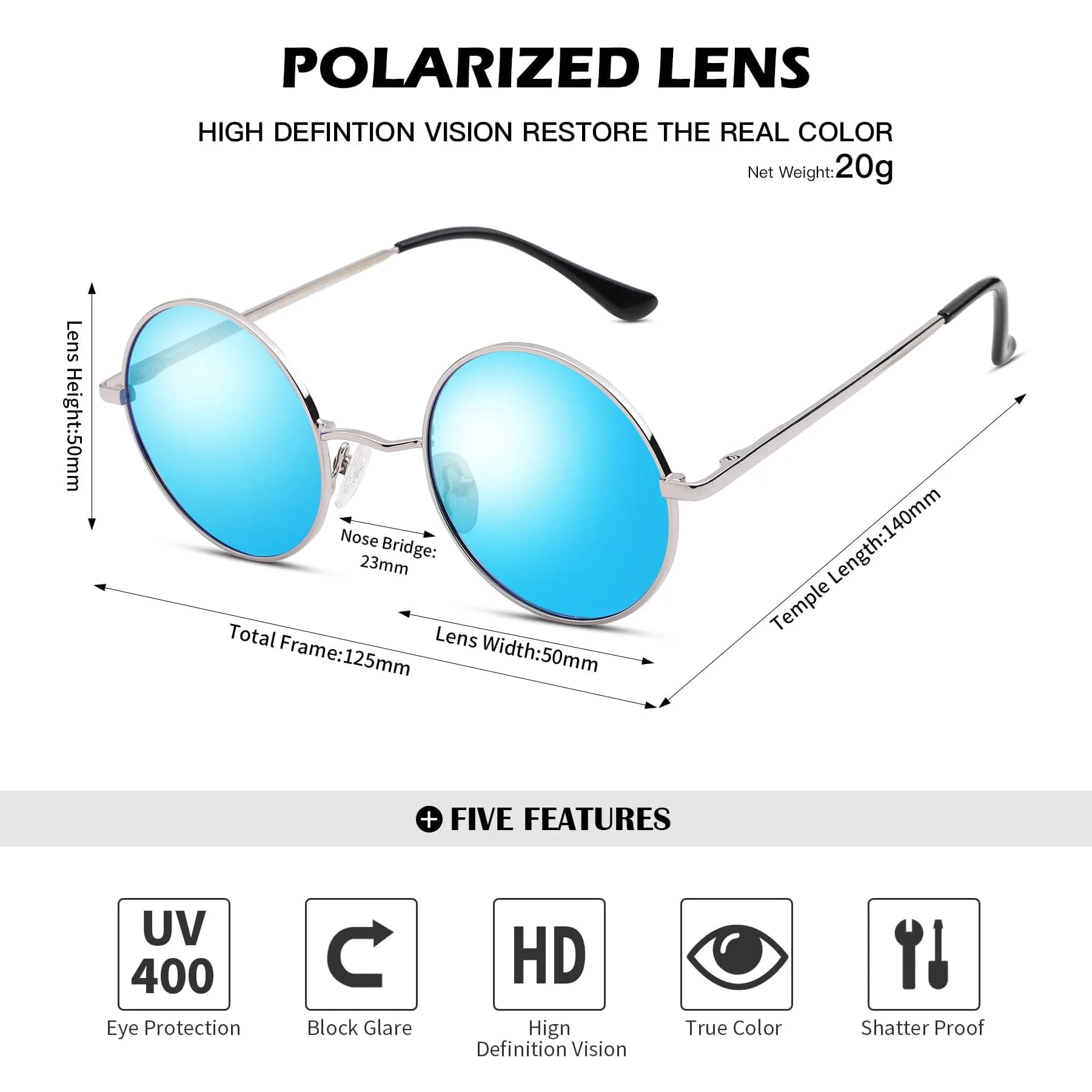 Pro Acme Small Round Polarized Sunglasses - Silver Frame with Blue Mirrored Lens, UV400 - view 4