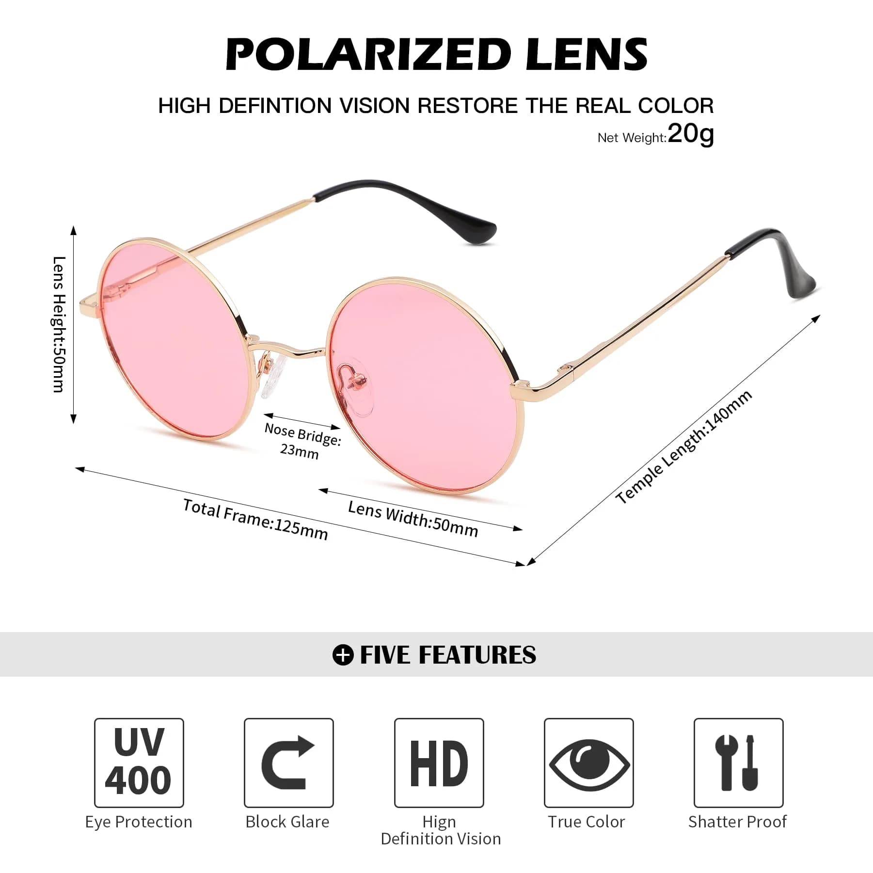 Pro Acme Small Round Sunglasses: Gold Frame with Transparent Pink Lens, Polarized UV400 - view 4