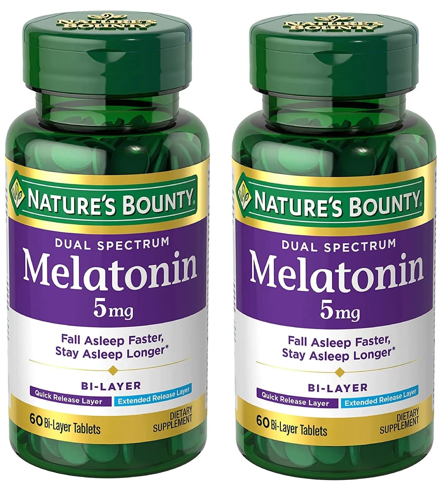 Nature's Bounty Melatonin 5mg Dual Spectrum Bi-Layer Tablets 120 Count (Pack of 2) | Promotes Relaxation and Sleep Health — Softgel