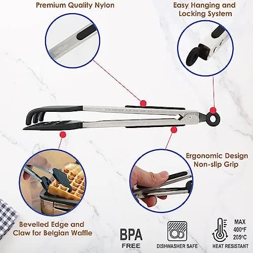 StarBlue 10 Inch Silicone & Nylon Waffle Tongs | Heat-Resistant Spatula Tongs for Non-Stick Cookware thumbnail 2