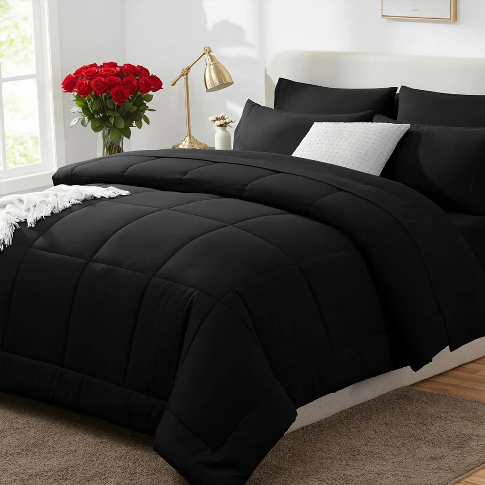 CozyLux Queen Comforter Set Black | All-Season Microfiber Bedding in a Bag