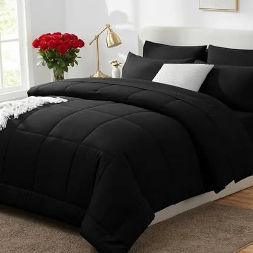 CozyLux Queen Comforter Set Black | All-Season Microfiber Bedding in a Bag thumbnail 1