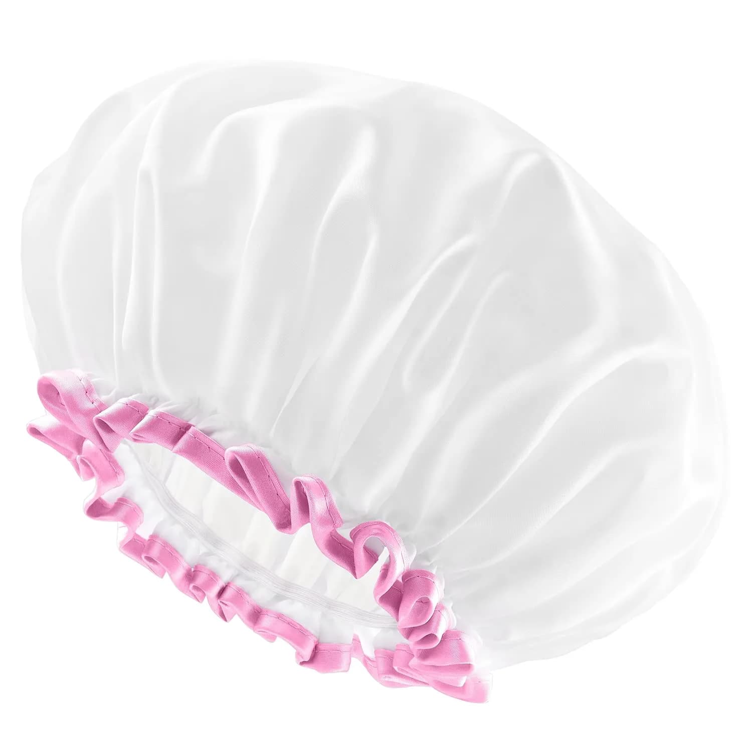 mikimini White Shower Cap 2 Pack | Double Waterproof, Reusable, Washable, Comfortable — White+Pink Lace