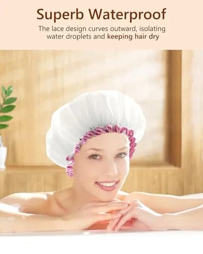 mikimini White Shower Cap with Pink Lace Trim - Medium | Waterproof, Reusable, Double Layered PEVA Lining thumbnail 4