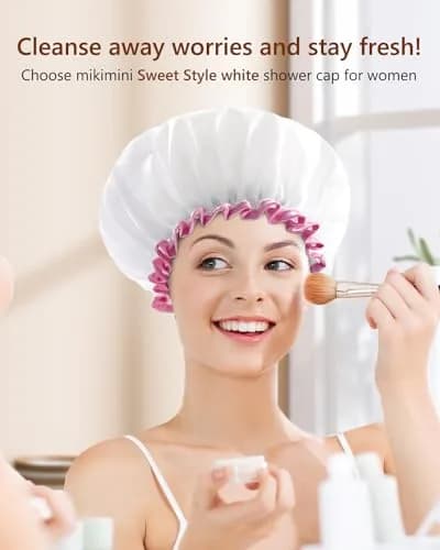 mikimini White Shower Cap with Pink Lace Trim - Medium | Waterproof, Reusable, Double Layered PEVA Lining thumbnail 5
