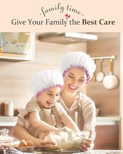 mikimini White Shower Cap with Pink Lace Trim - Medium | Waterproof, Reusable, Double Layered PEVA Lining thumbnail 6