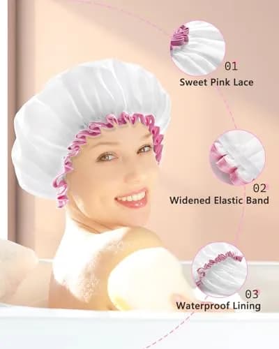 mikimini White Shower Cap with Pink Lace Trim - Medium | Waterproof, Reusable, Double Layered PEVA Lining thumbnail 8