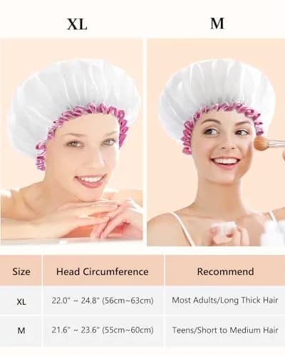 mikimini White Shower Cap with Pink Lace Trim - Medium | Waterproof, Reusable, Double Layered PEVA Lining thumbnail 2