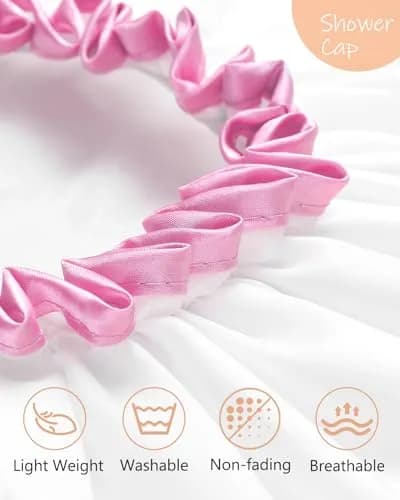mikimini White Shower Cap with Pink Lace Trim - Medium | Waterproof, Reusable, Double Layered PEVA Lining thumbnail 3