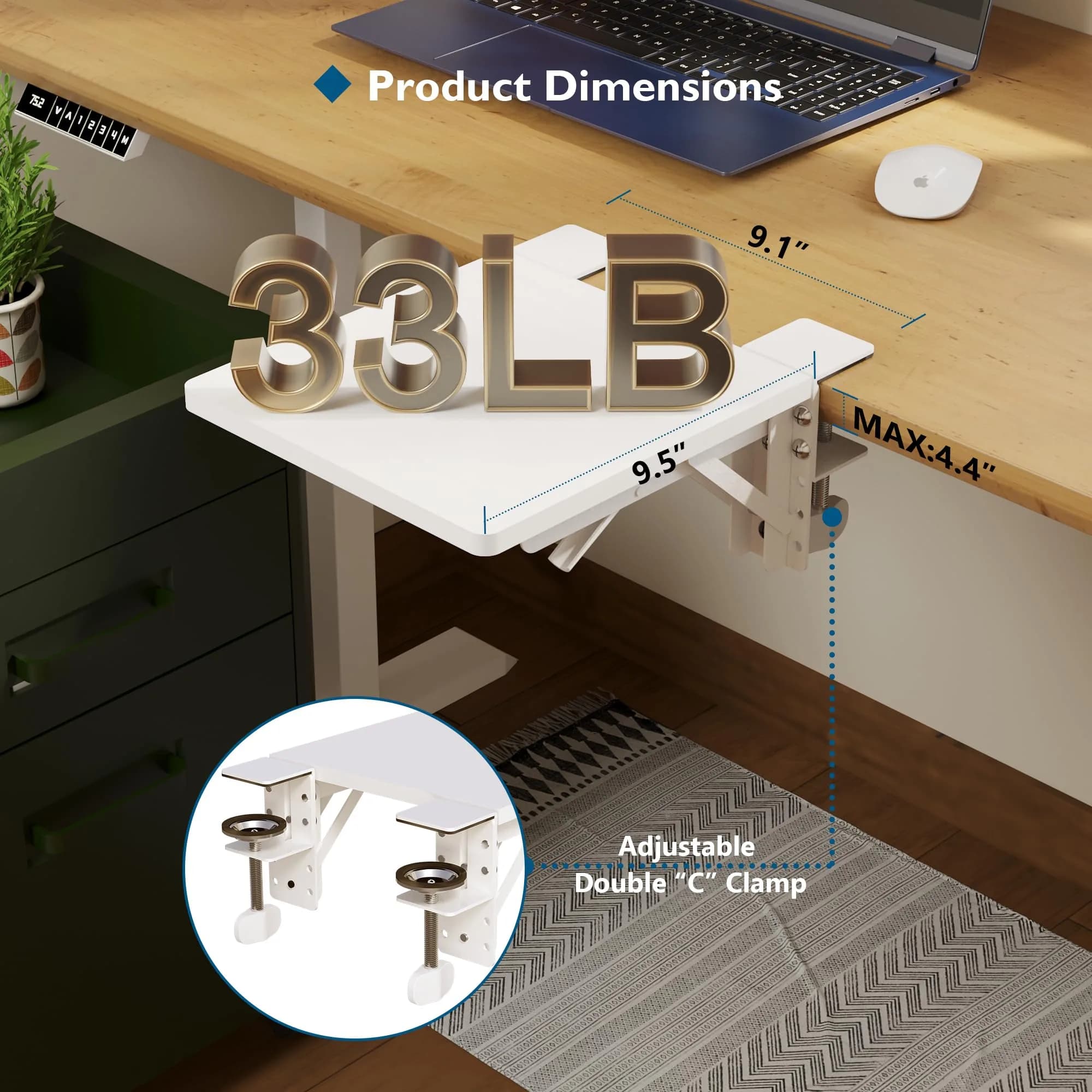 BONTEC Ergonomic Desk Extender Tray 9.5"x9.1" (24cm x 23cm) | Clamp-On Elbow Support for Office & Home Use - view 2