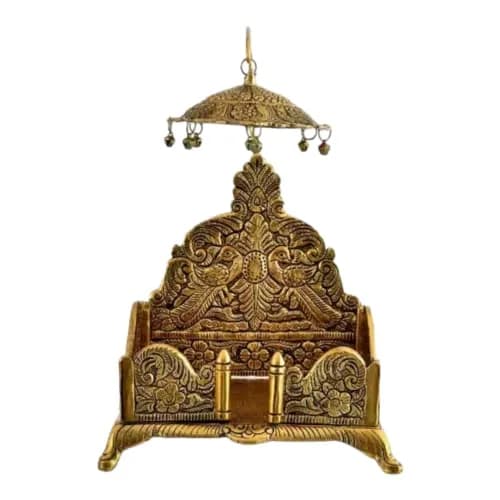 BHAKTI SHRINGAR Metal Singhasan Antique Gold Plated Ladoo Gopal Pooja Chowki 22 cm | Religious Home Decor Statue thumbnail 5