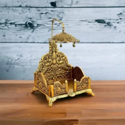 BHAKTI SHRINGAR Metal Singhasan Antique Gold Plated Ladoo Gopal Pooja Chowki 32 cm | Decorative Tabletop Sculpture for Home Temple thumbnail 1