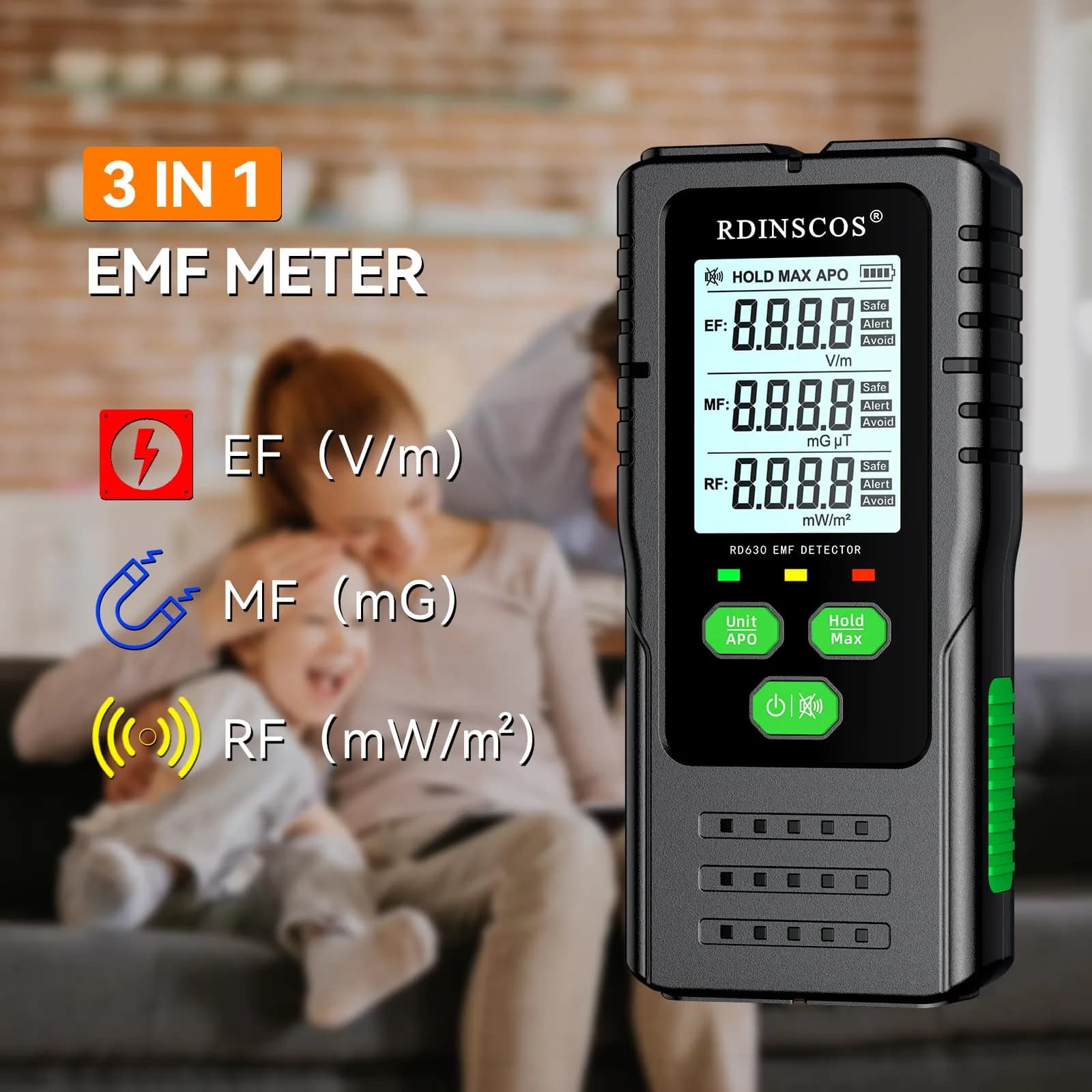 RDINSCOS EMF Detector Meter with Triaxial Sensing & LCD Display | Measures AC Magnetic, Electric, and Microwave Radiation - view 2