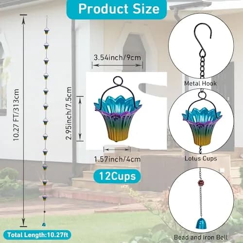 Qipade 10FT Rain Chains for Outside, Rain Gutter Chain with 12 Lily Cups | Durable Copper-Coated Metal thumbnail 2