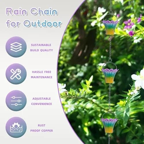 Qipade 10FT Rain Chains for Outside, Rain Gutter Chain with 12 Lily Cups | Durable Copper-Coated Metal thumbnail 3