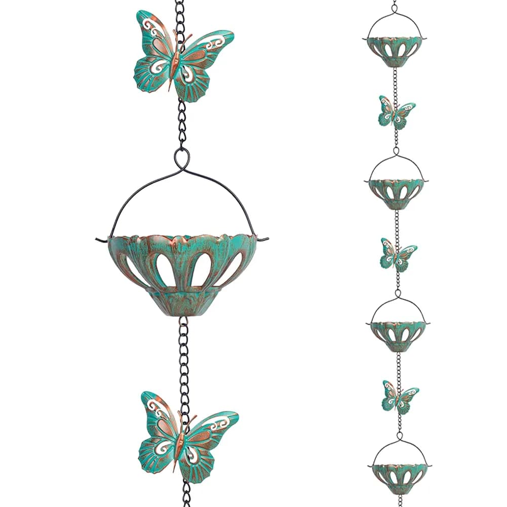 Qipade 12FT Rain Chains for Outside, Butterfly Rain Chain with 12 Cups | Durable Copper-Coated Metal — Green Butterfly