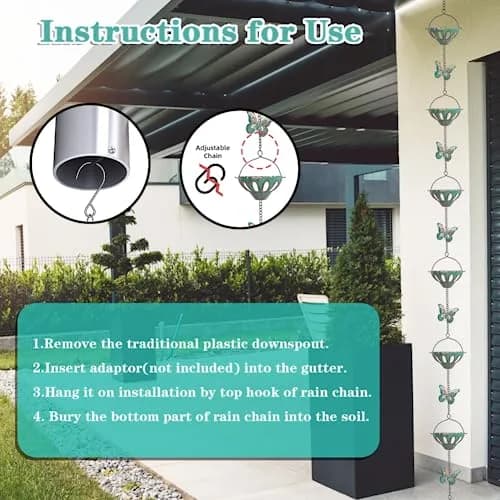 Qipade 12FT Rain Chains for Outside, Butterfly Rain Chain with 12 Cups | Durable Copper-Coated Metal thumbnail 6