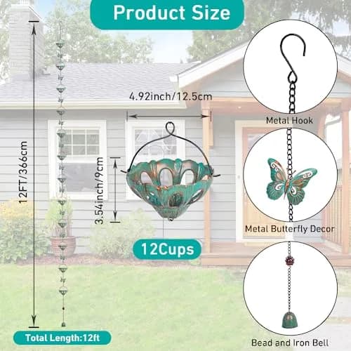 Qipade 12FT Rain Chains for Outside, Butterfly Rain Chain with 12 Cups | Durable Copper-Coated Metal thumbnail 2
