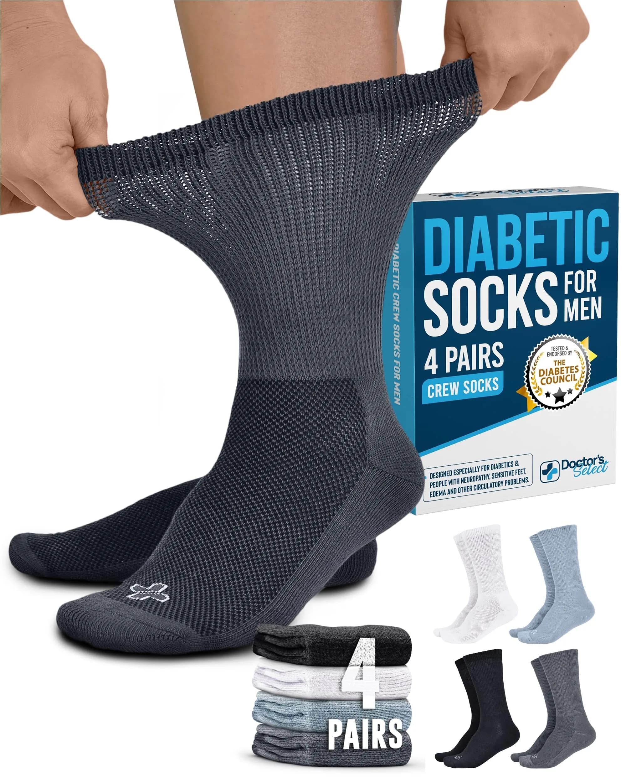 Doctor's Select Diabetic Socks for Men - 4 Pairs Crew Moisture Management | Non Binding, Breathable, Moisture-Wicking — Black, White, Light Grey, Grey