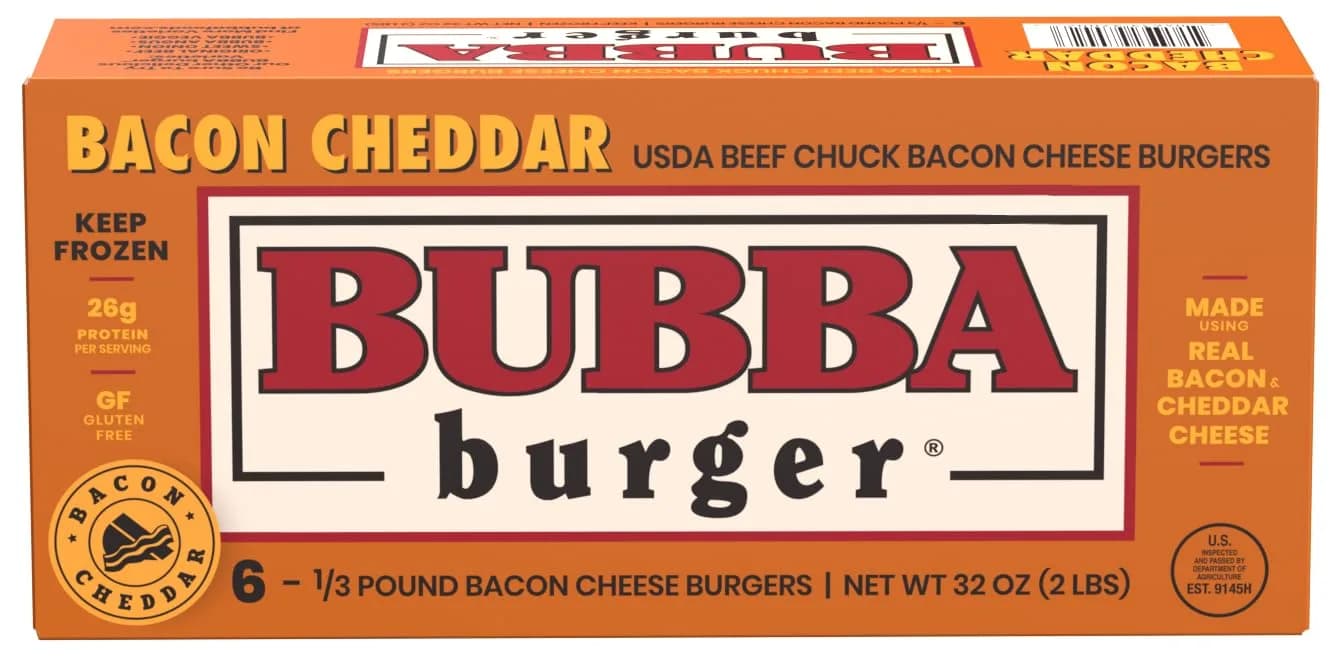 BUBBA Burger Bacon Cheddar Frozen Beef Burger Patties 2 lb | USDA Choice, High Protein, No Fillers (70-120 chars)