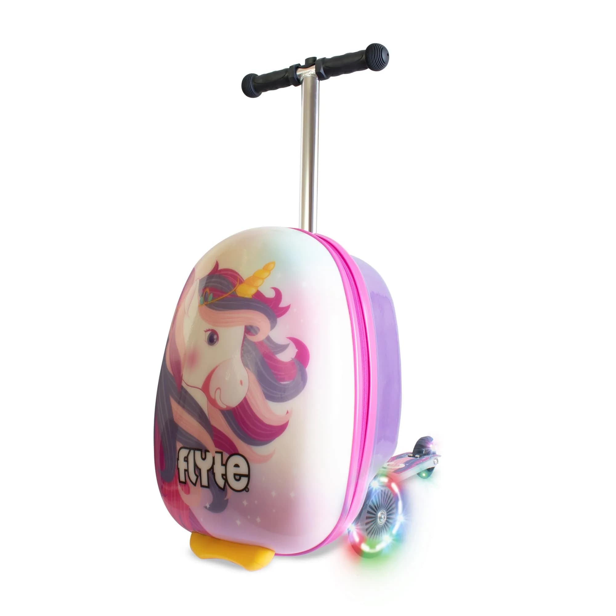 Flyte Scooter Suitcase Folding Kids Luggage 18" Sammie the Spaceman | 25 Litre Capacity with Ride On & Wheels — Luna The Unicorn