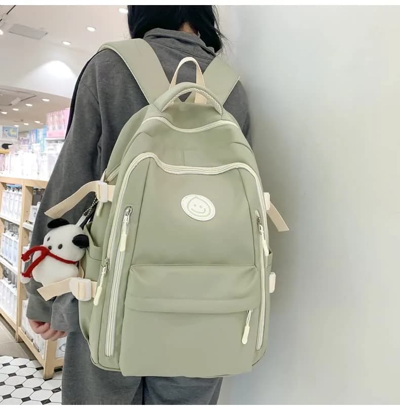 MININAI Preppy Backpack with Cute Pendant Women Smile Face Laptop Backpack Sage Green | Lightweight College Bag thumbnail 3