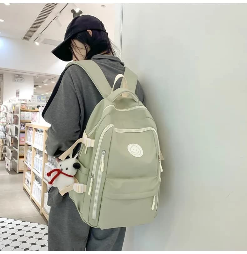 MININAI Preppy Backpack with Cute Pendant Women Smile Face Laptop Backpack Sage Green | Lightweight College Bag thumbnail 5