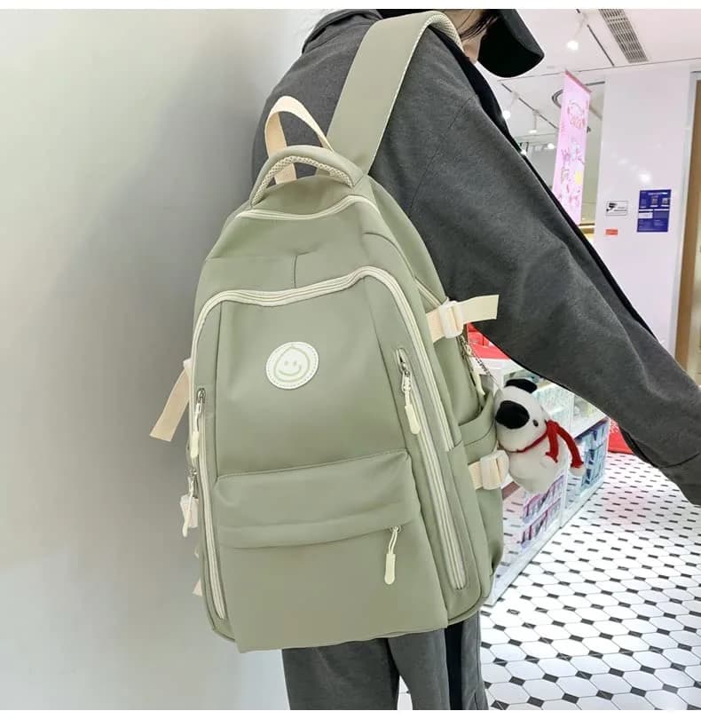 MININAI Preppy Backpack with Cute Pendant Women Smile Face Laptop Backpack Sage Green | Lightweight College Bag thumbnail 7