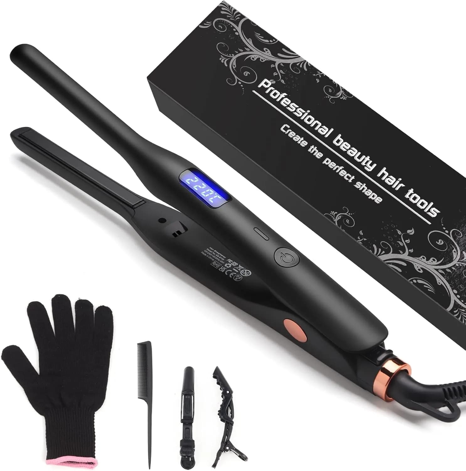 JAETON 3/10" Pencil Flat Iron with 13 Temp Setting Ceramic Small Hair Straightener | Professional Mini for Short Hair & Beard — Black