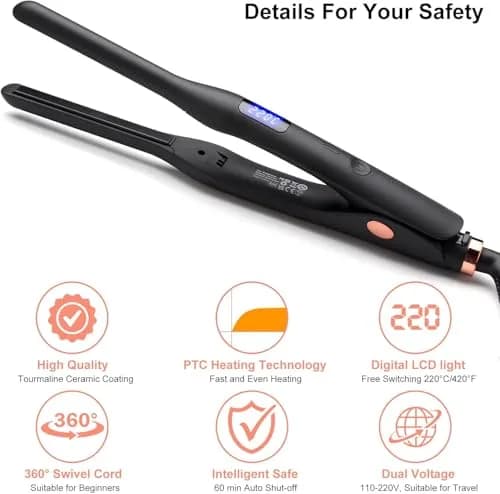 JAETON 3/10" Pencil Flat Iron with 13 Temp Setting Ceramic Small Hair Straightener | Professional Mini for Short Hair & Beard thumbnail 3